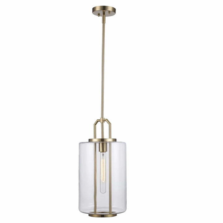 Pendant light with glass cylinder shade and antique gold finish for modern kitchen or entryway