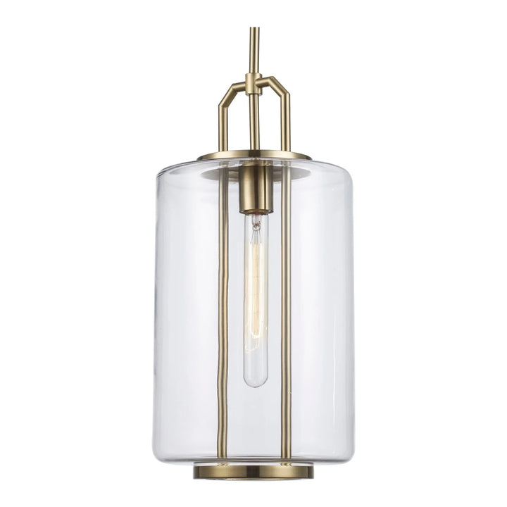 Cylinder pendant light with clear glass shade and antique gold finish for modern indoor lighting