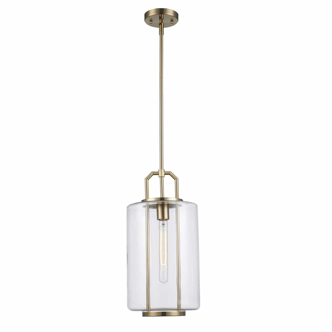 Cylinder pendant light with antique gold finish and clear glass shade for modern kitchen lighting