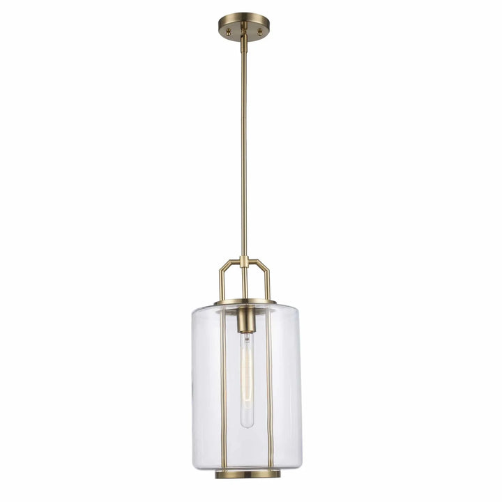Cylinder pendant light with antique gold finish and clear glass shade for modern kitchen lighting