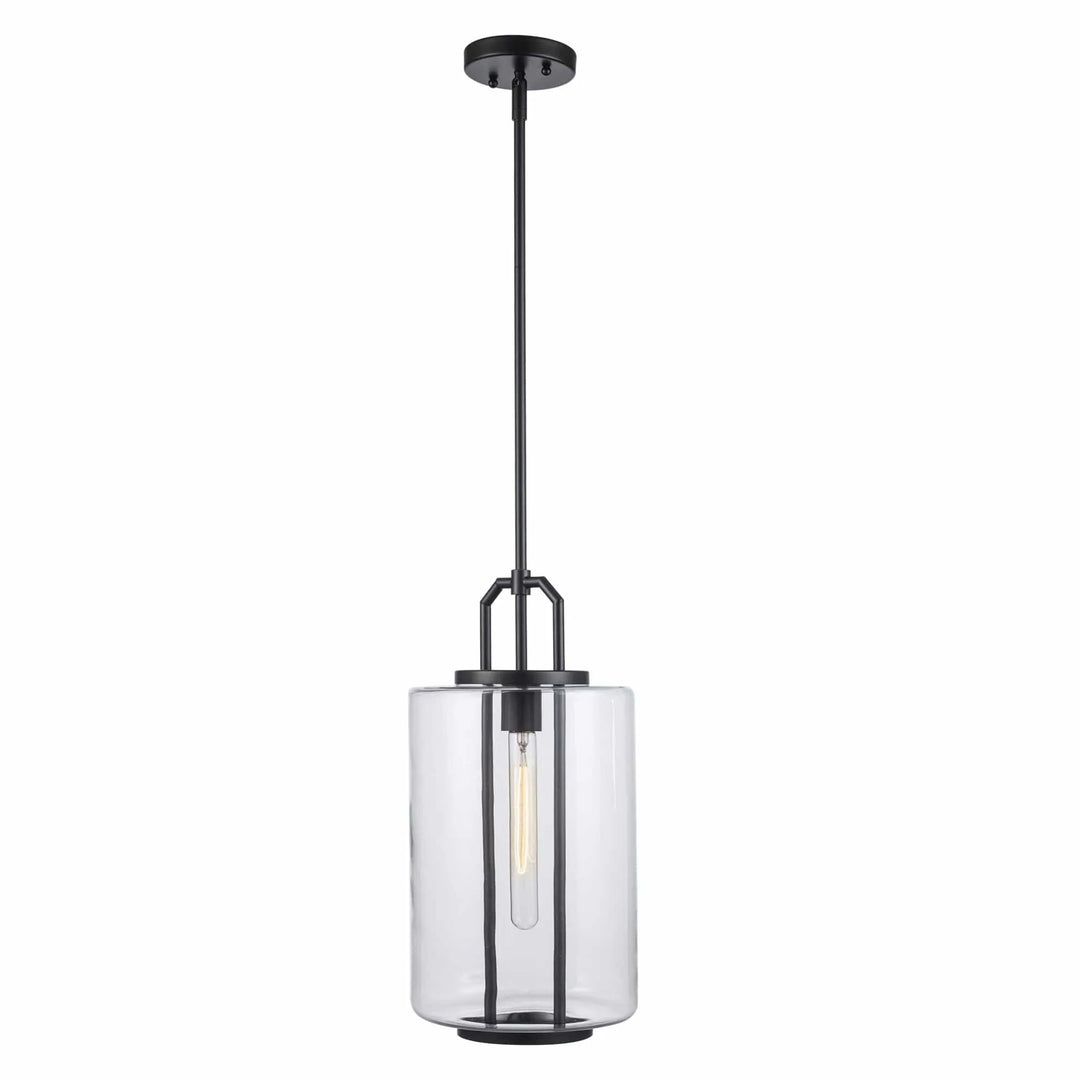 black cylinder pendant light with clear glass shade for modern kitchen or dining room lighting