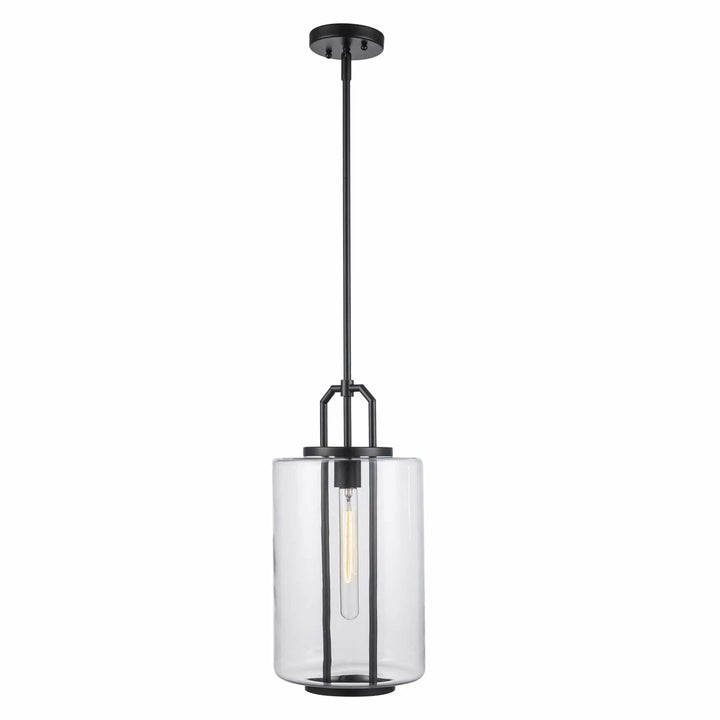 black cylinder pendant light with clear glass shade for modern kitchen or dining room lighting
