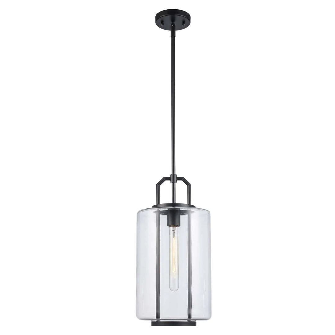 Pendant light with black frame and clear glass cylinder shade for modern kitchen lighting