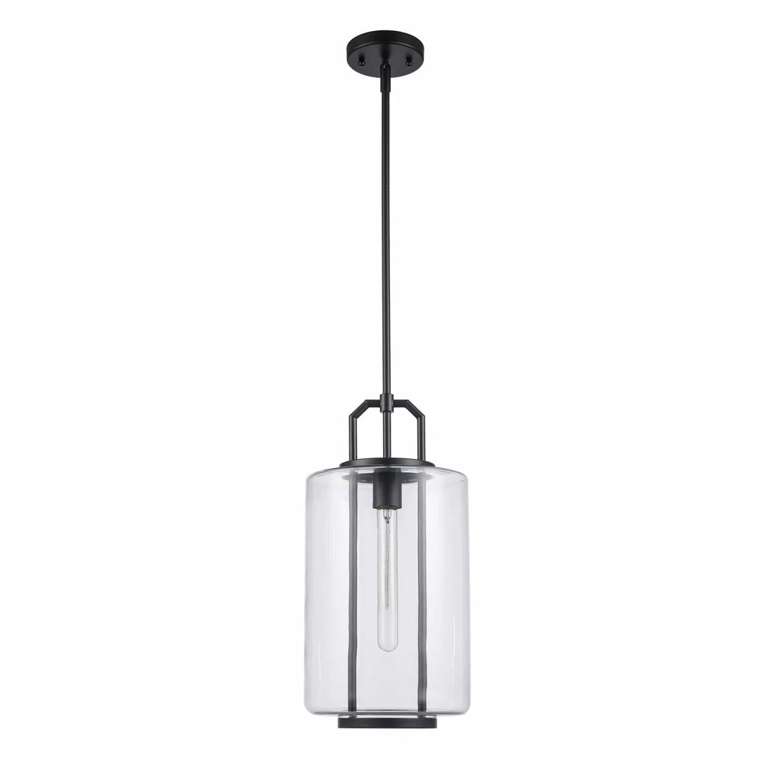 Pendant light with black frame and clear glass cylinder shade for modern kitchen or dining lighting