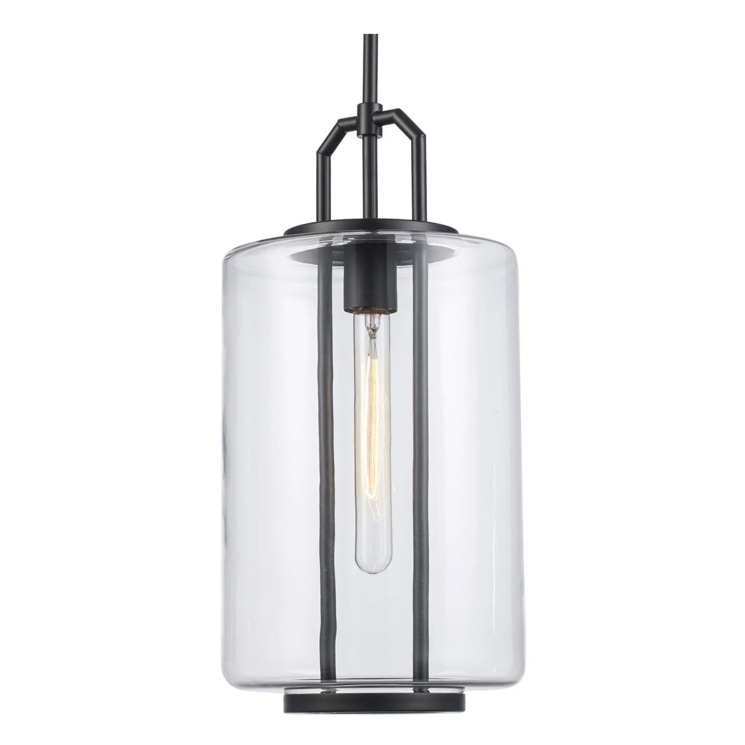 Pendant light with clear glass cylinder shade and black metal frame for modern indoor lighting