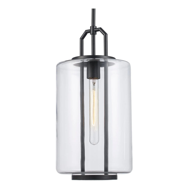 Pendant light with clear glass cylinder shade and black metal frame for modern indoor lighting
