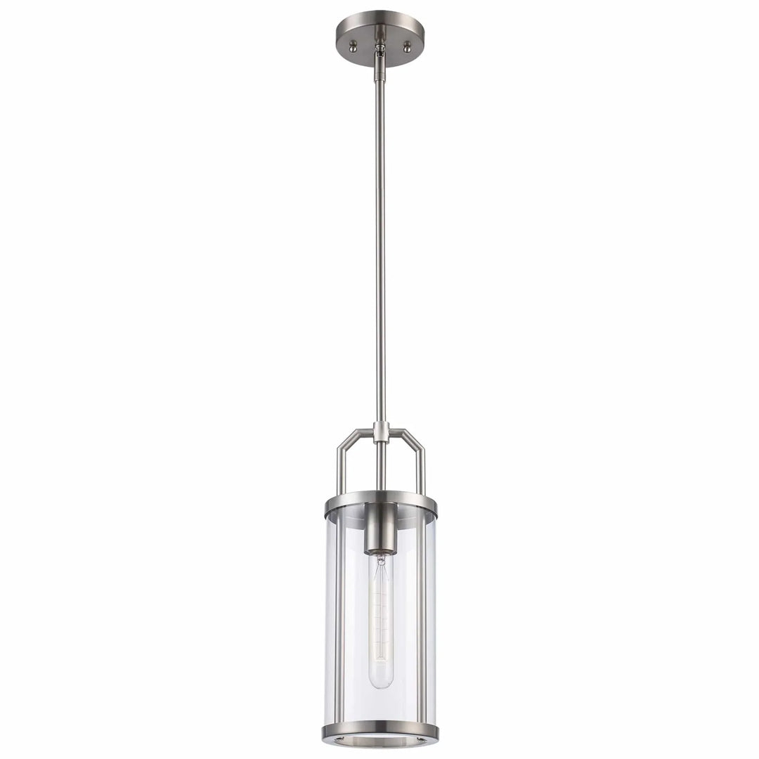 Cylinder pendant light with brushed nickel finish and clear glass shade for modern kitchen lighting