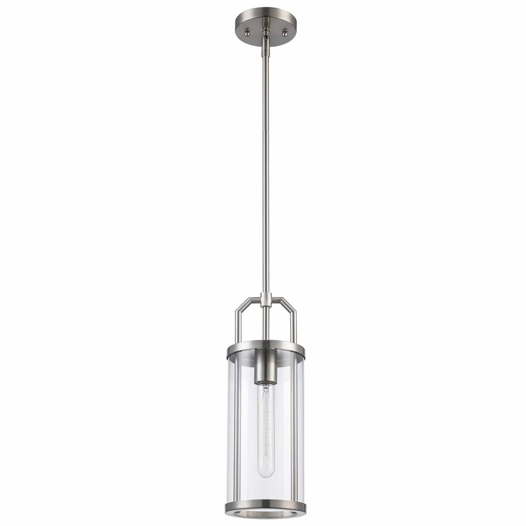 cylinder pendant light with clear glass shade and brushed nickel finish for modern interior lighting