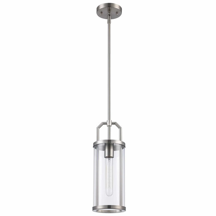 cylinder pendant light with clear glass shade and brushed nickel finish for modern interior lighting
