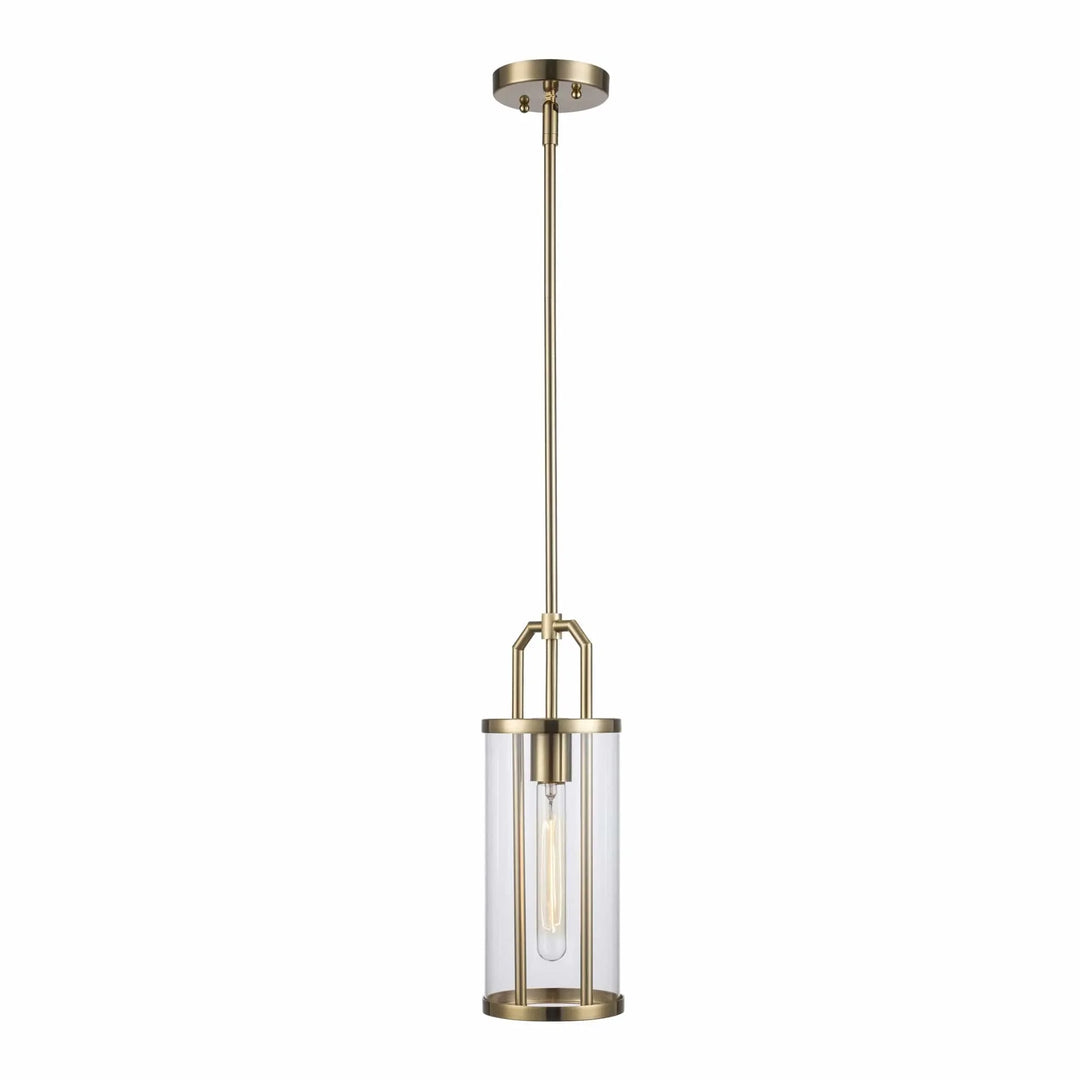 Pendant light with antique gold finish and clear cylinder glass shade for modern interior lighting