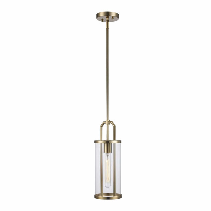 Pendant light with antique gold finish and clear cylinder glass shade for modern interior lighting