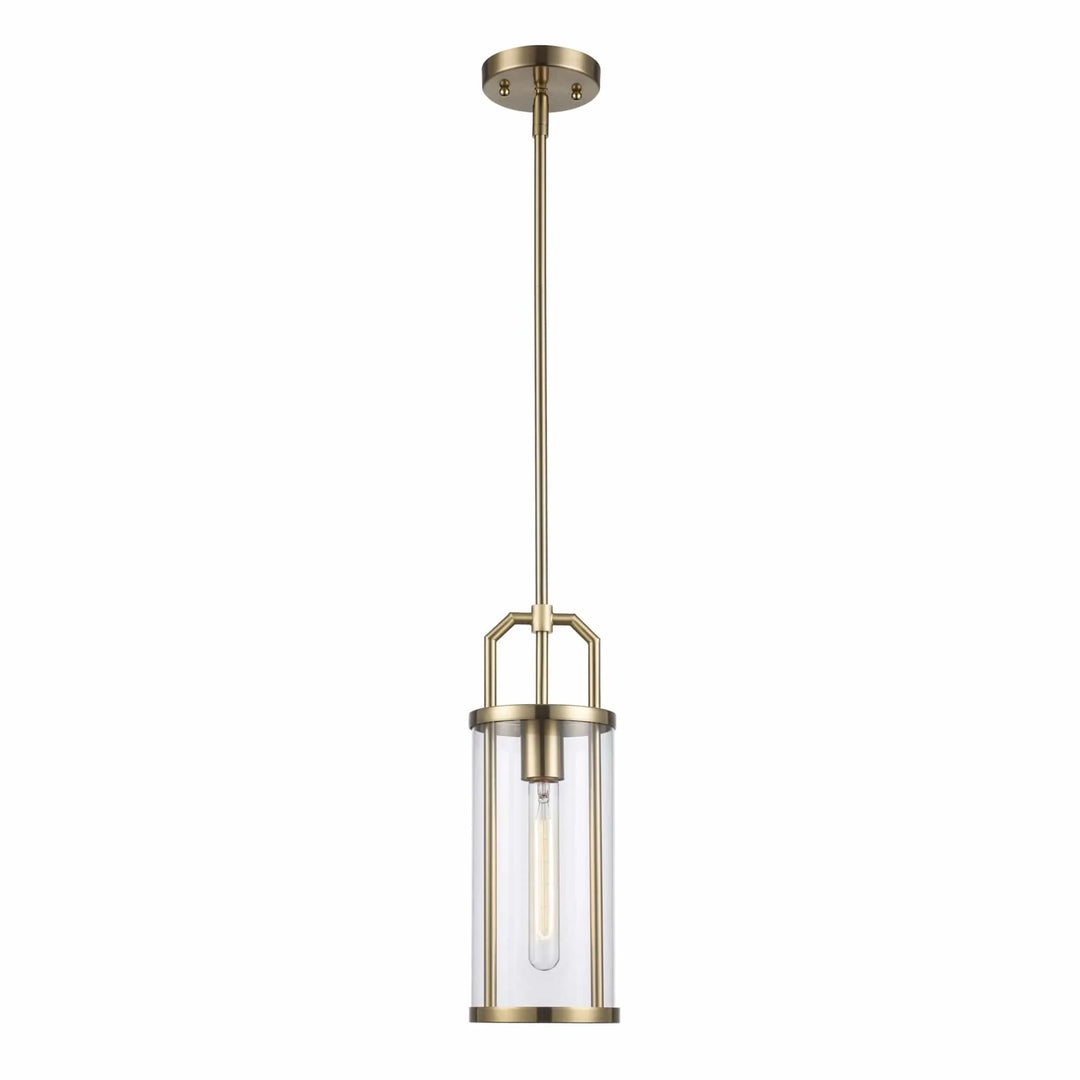 Pendant light fixture with antique gold finish and cylindrical glass shade for modern interior lighting