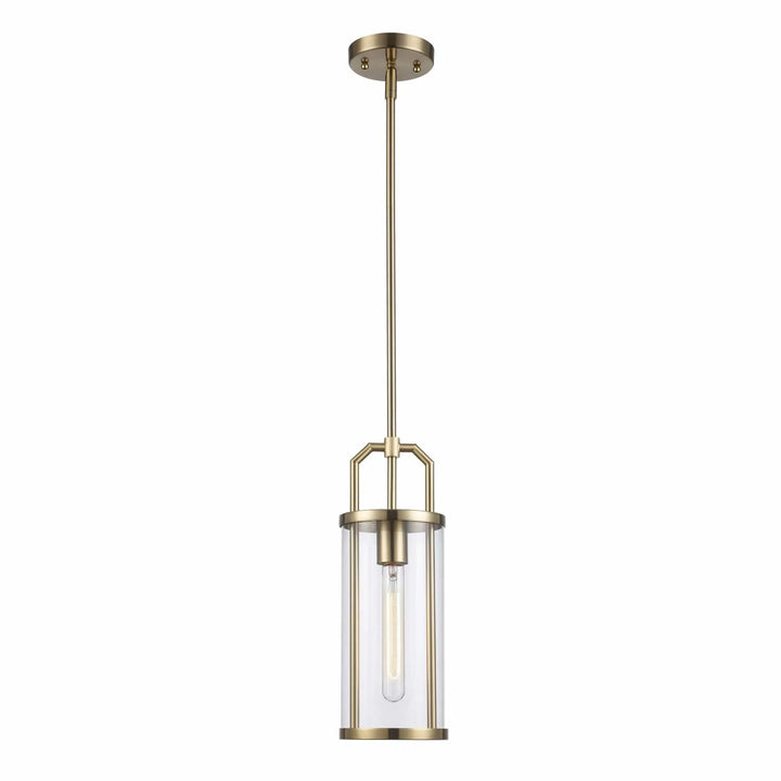 Pendant light fixture with antique gold finish and cylindrical glass shade for modern interior lighting
