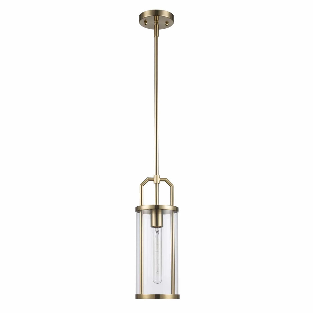 Modern pendant light with clear cylinder glass shade and antique gold finish for kitchen or dining rooms