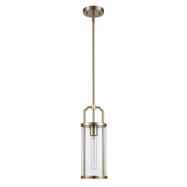 Modern pendant light with clear cylinder glass shade and antique gold finish for kitchen or dining rooms