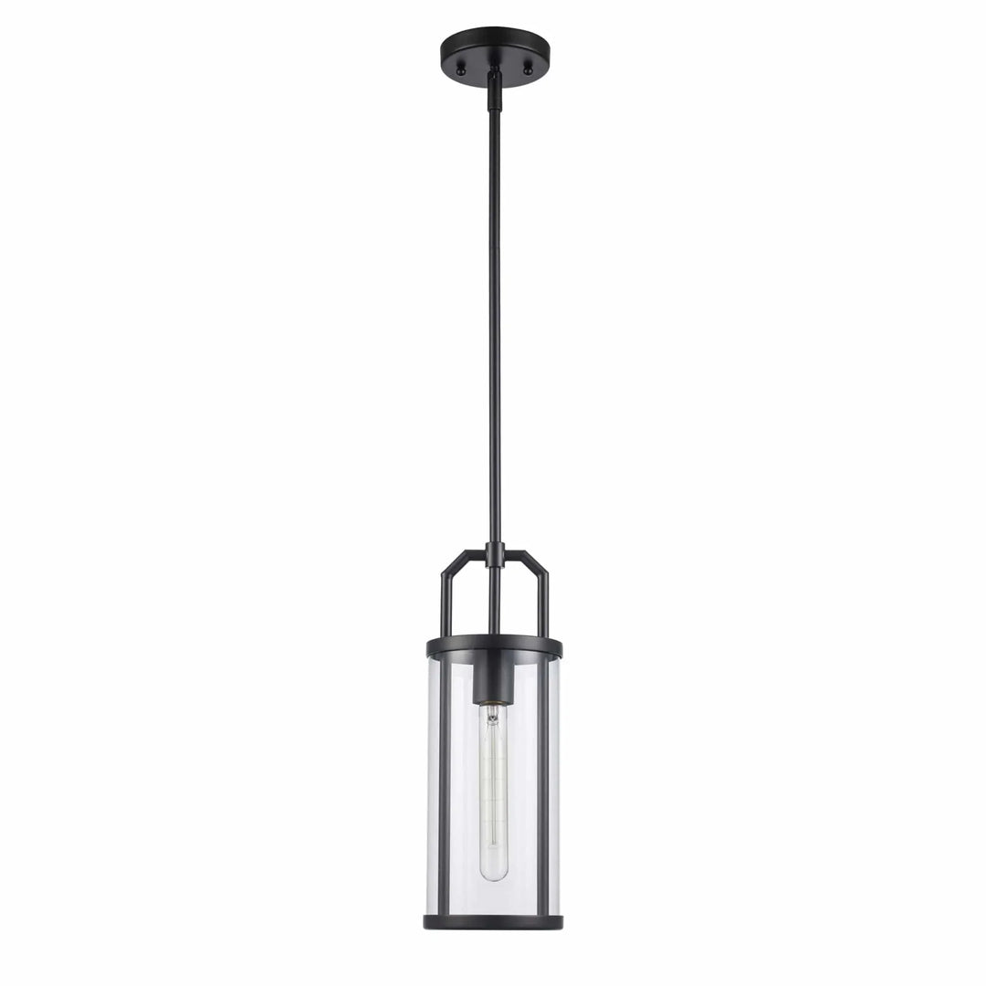 Pendant light with black finish and clear cylinder glass shade for modern kitchen or entryway lighting