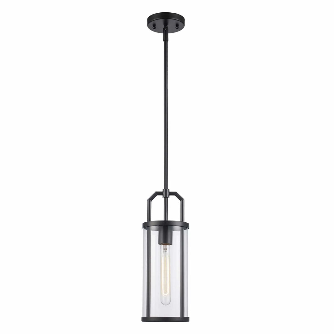 Pendant light with black metal frame and clear cylinder glass shade for modern indoor lighting