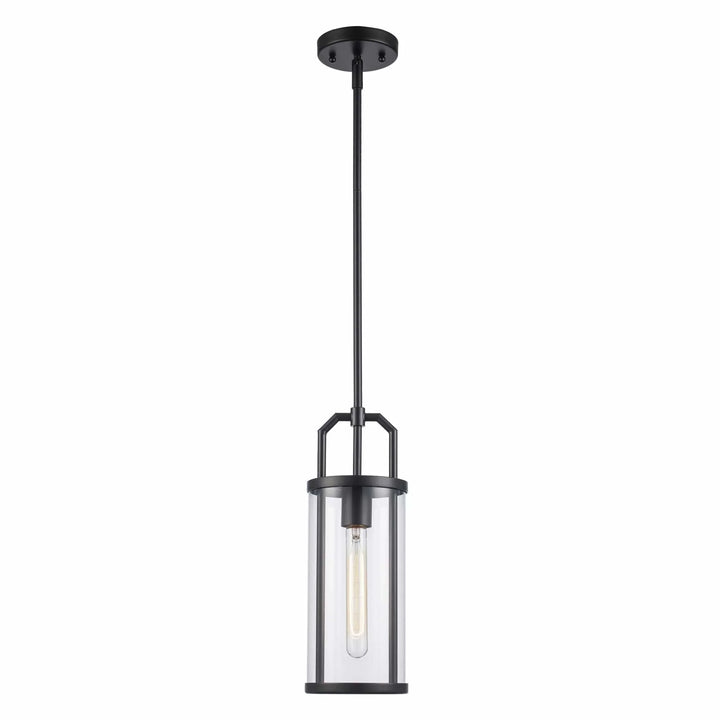 Pendant light with black metal frame and clear cylinder glass shade for modern indoor lighting