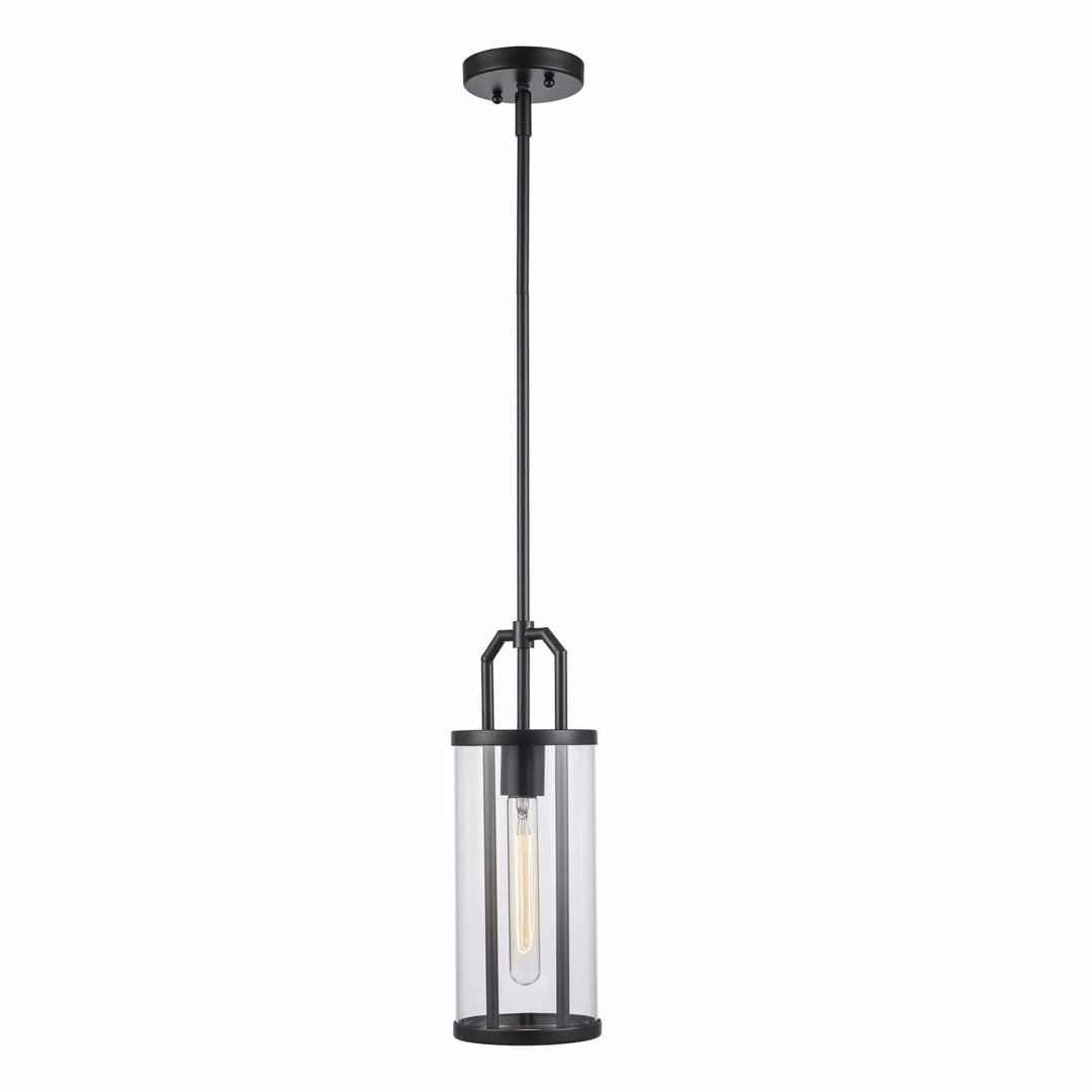 Pendant light with black metal frame and clear cylinder glass shade for kitchen island lighting