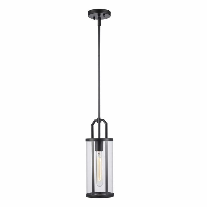 Pendant light with black metal frame and clear cylinder glass shade for kitchen island lighting