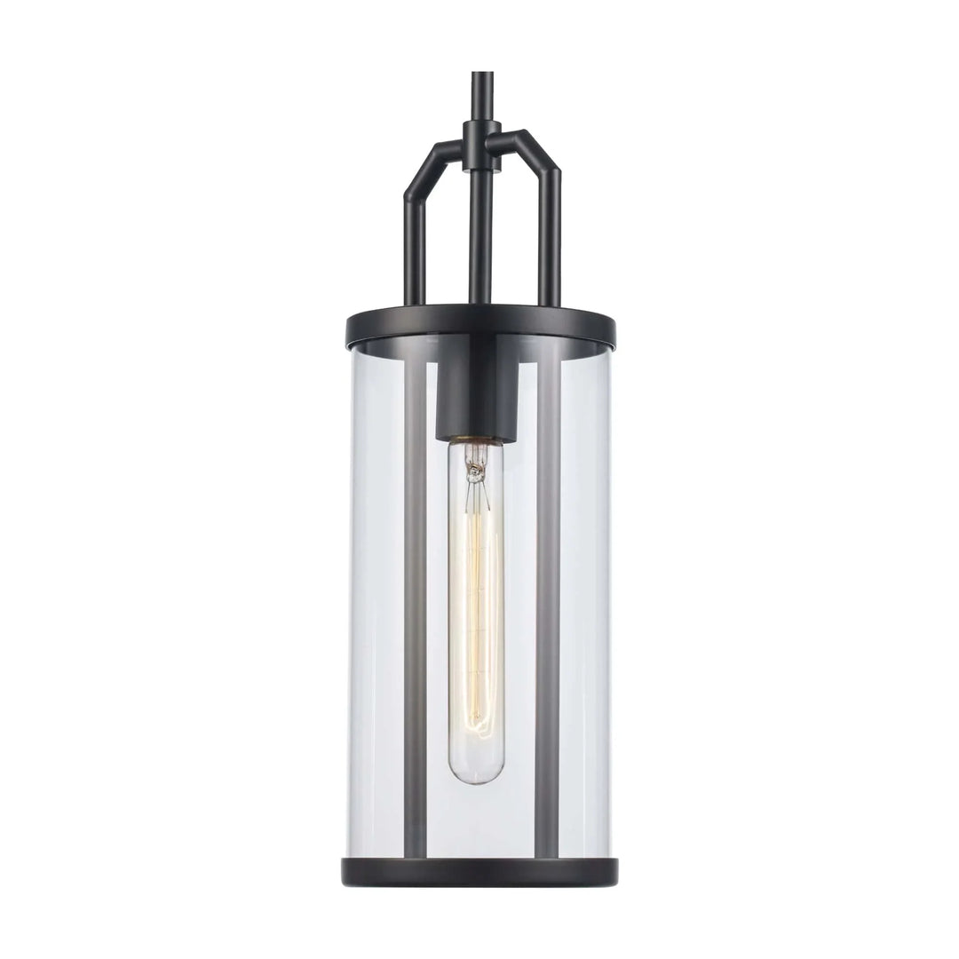 Pendant light with black finish and clear cylinder glass shade for modern interior lighting