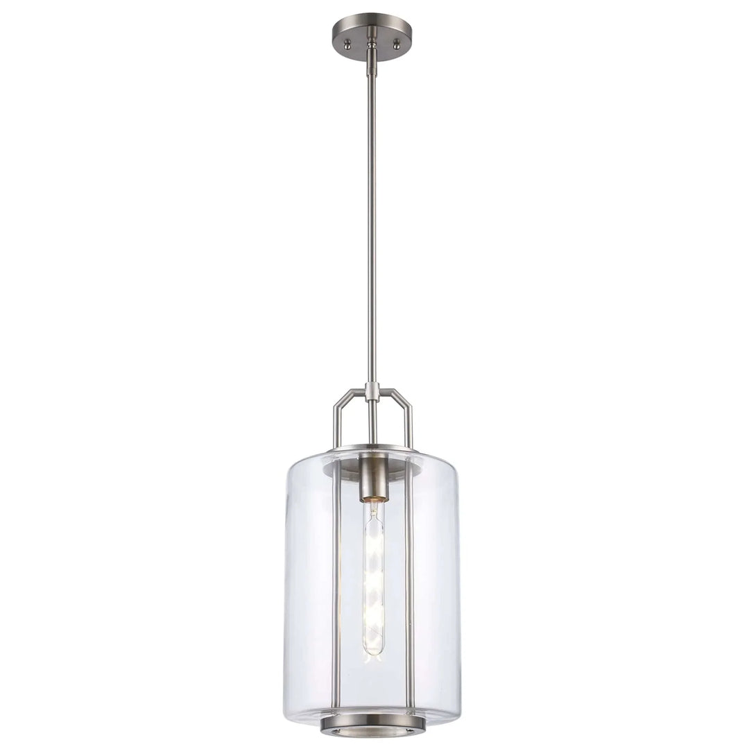 Modern pendant light with brushed nickel finish and clear glass cylinder shade for kitchen island