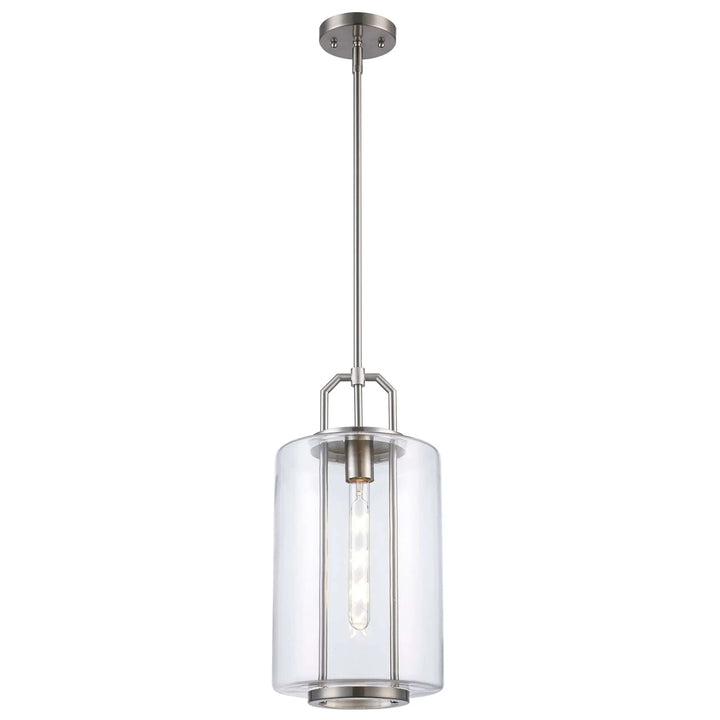 Modern pendant light with brushed nickel finish and clear glass cylinder shade for kitchen island
