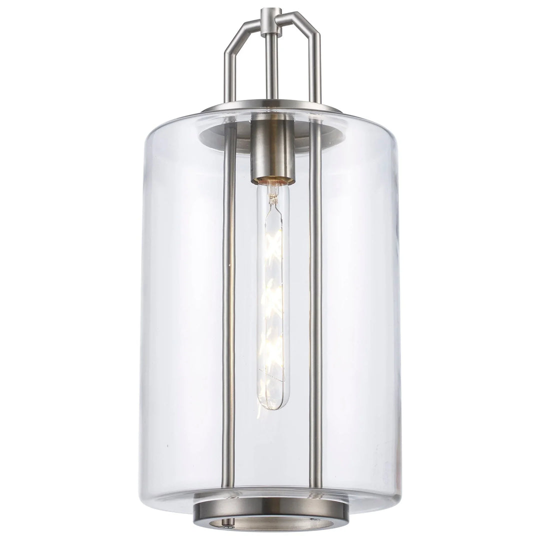 Pendant light with brushed nickel finish and clear cylinder glass shade for modern interior lighting
