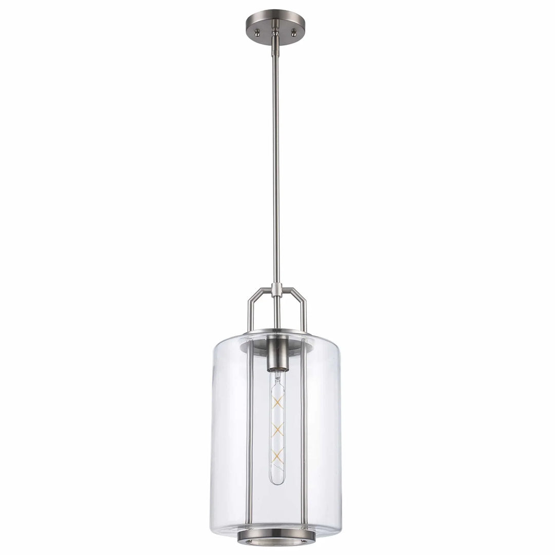Pendant light with brushed nickel finish and clear cylinder glass shade for modern indoor lighting