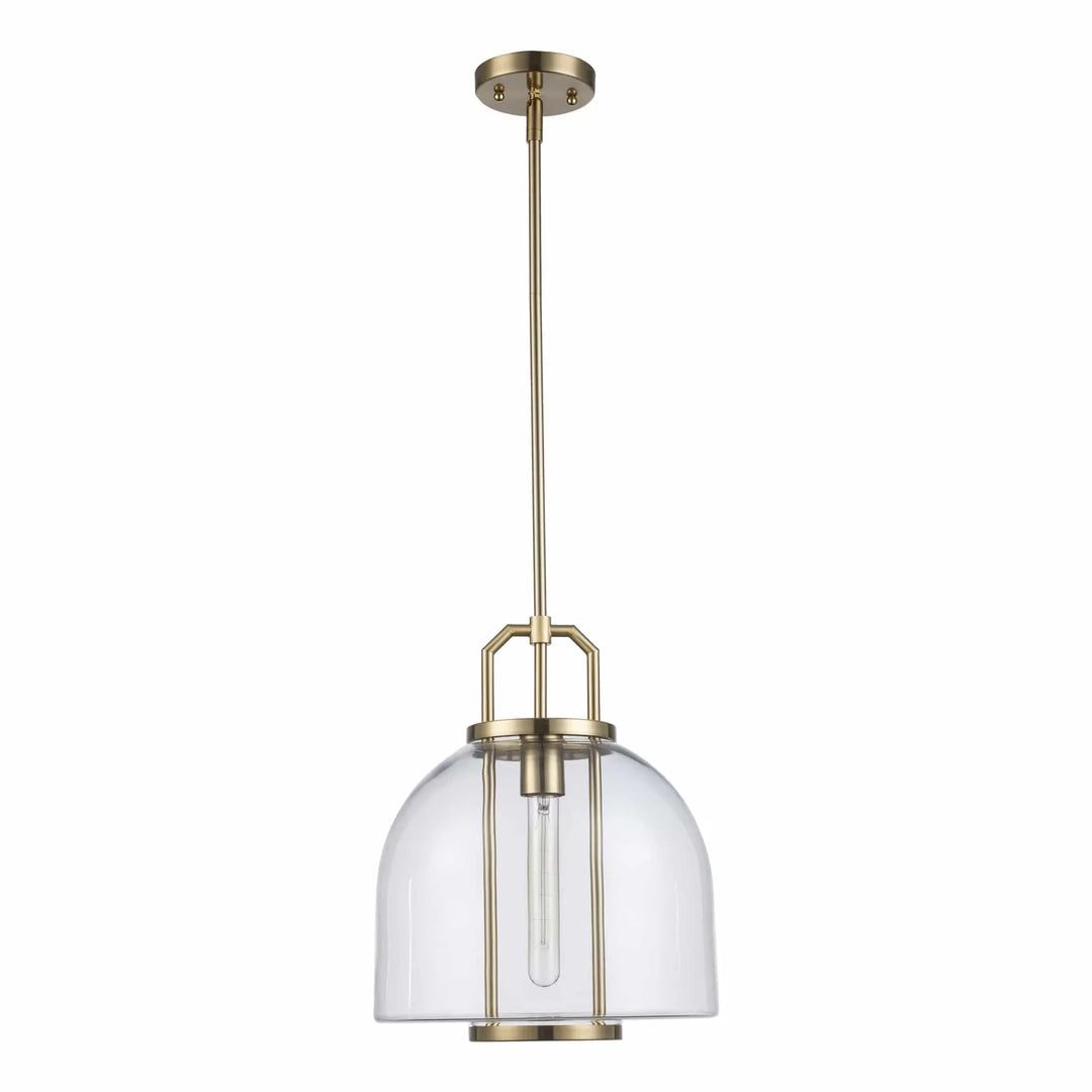 Pendant light with antique gold finish and clear glass shade for modern kitchen or dining area