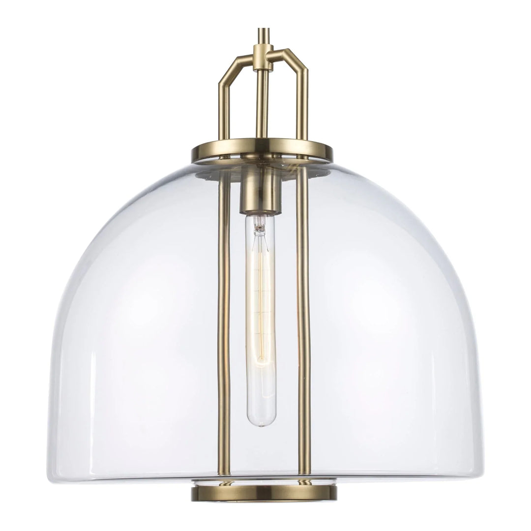 Pendant light with clear glass dome shade and antique gold finish for dining or kitchen lighting