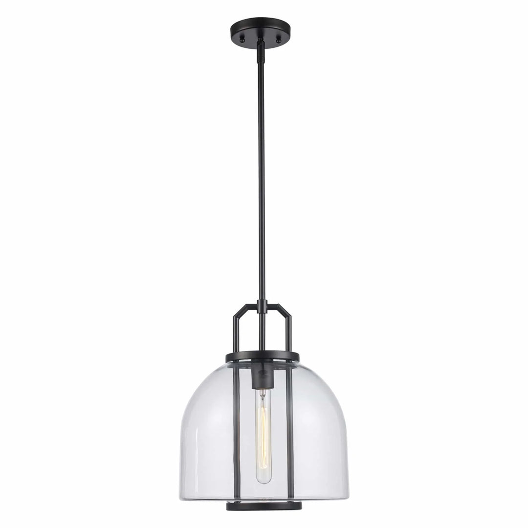 Pendant light with clear glass shade and black metal frame for modern kitchen or dining room
