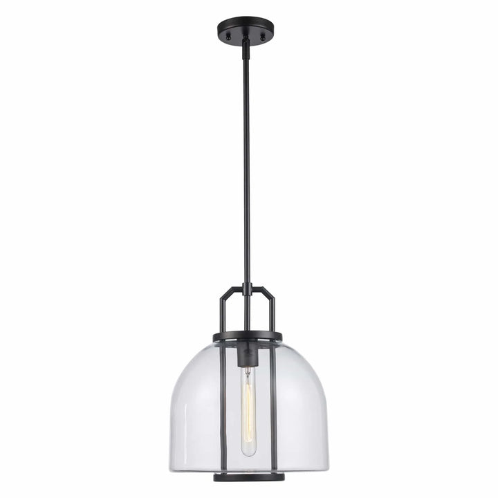 Pendant light with clear glass shade and black metal frame for modern kitchen or dining room