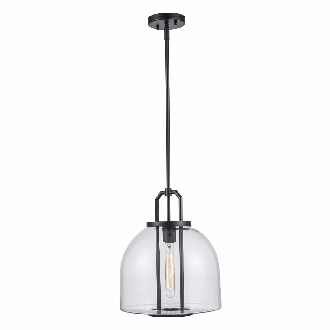 Pendant light with clear glass shade and black frame for kitchen island or dining room lighting