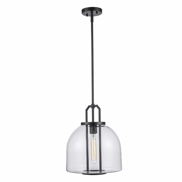Pendant light with clear glass shade and black frame for kitchen island or dining room lighting