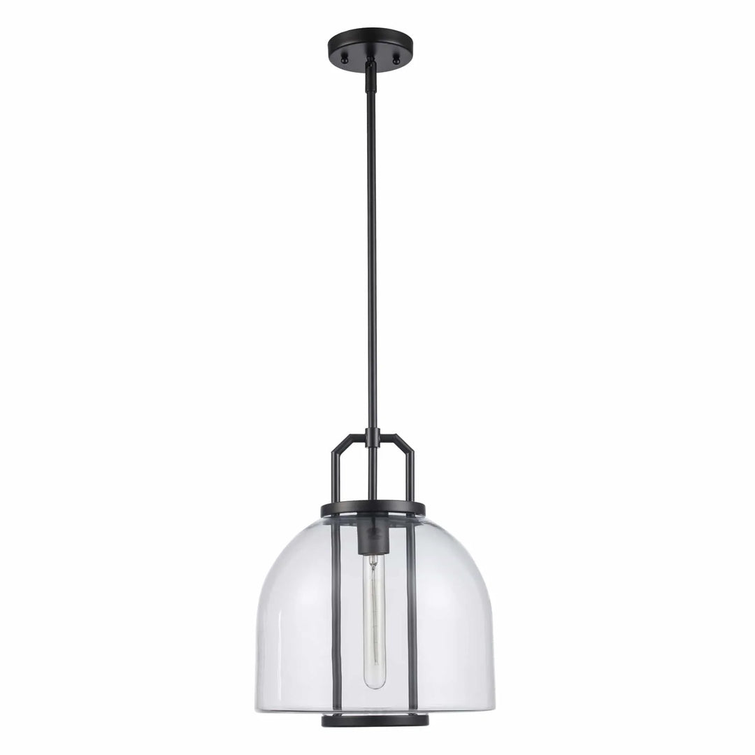 Pendant light with clear glass shade and black metal frame for modern kitchen island lighting