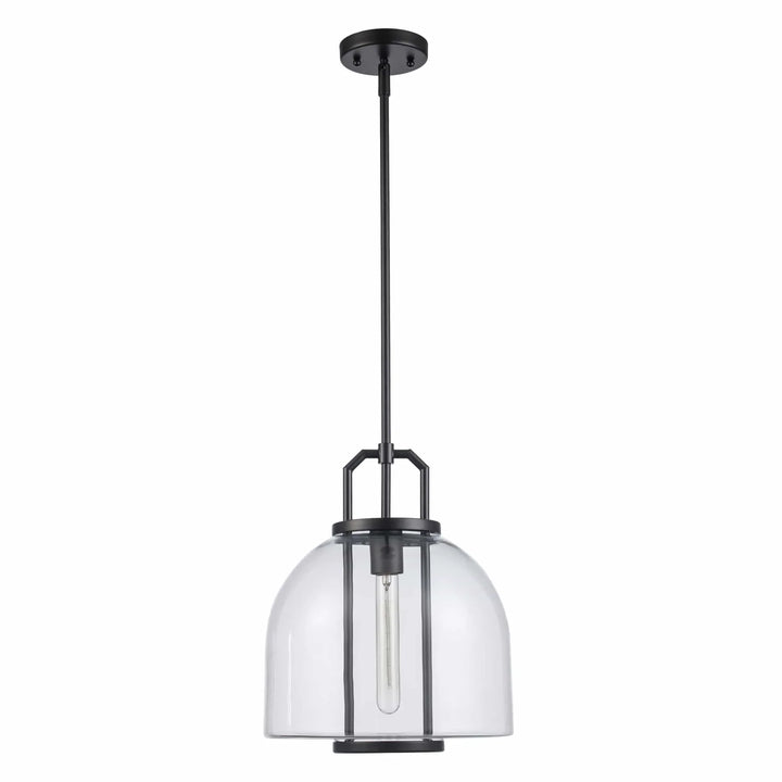 Pendant light with clear glass shade and black metal frame for modern kitchen island lighting