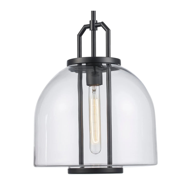 Pendant light with black frame and clear glass shade for modern kitchen or dining lighting