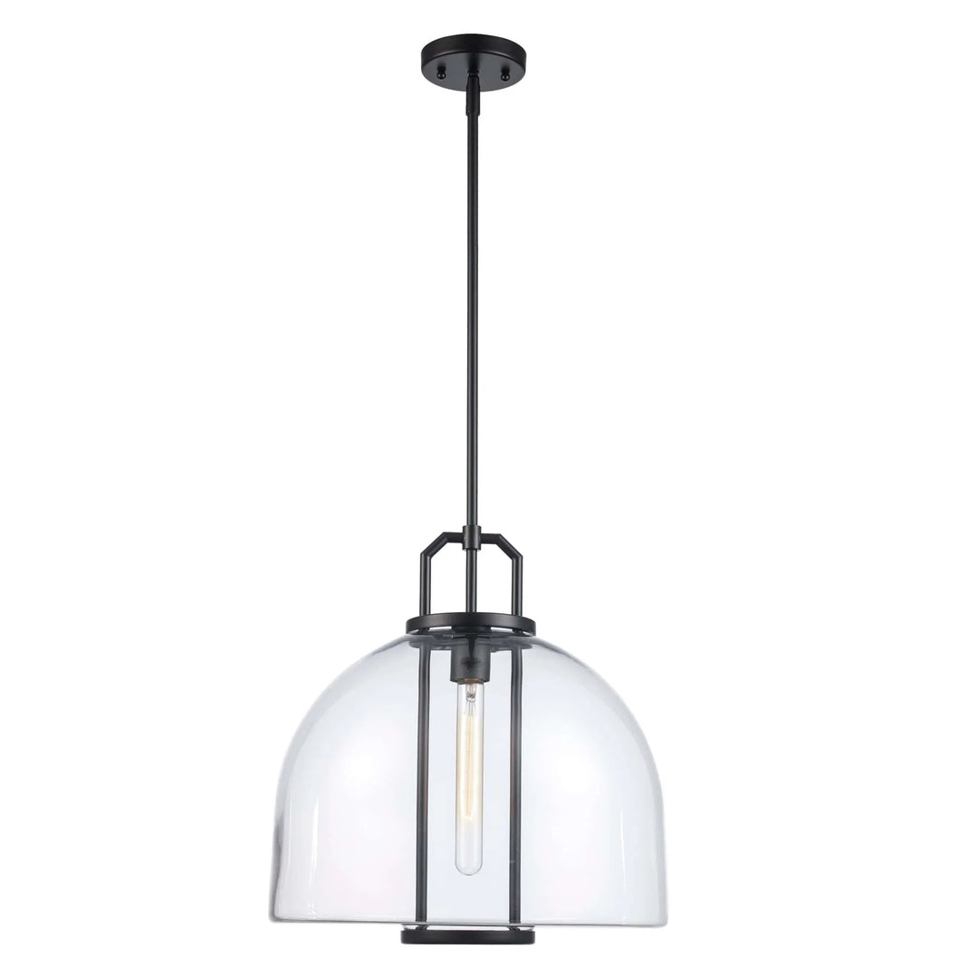 Pendant light with clear glass dome shade and black metal fixture for modern kitchen or dining