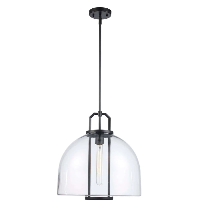 Pendant light with clear glass dome shade and black metal fixture for modern kitchen or dining