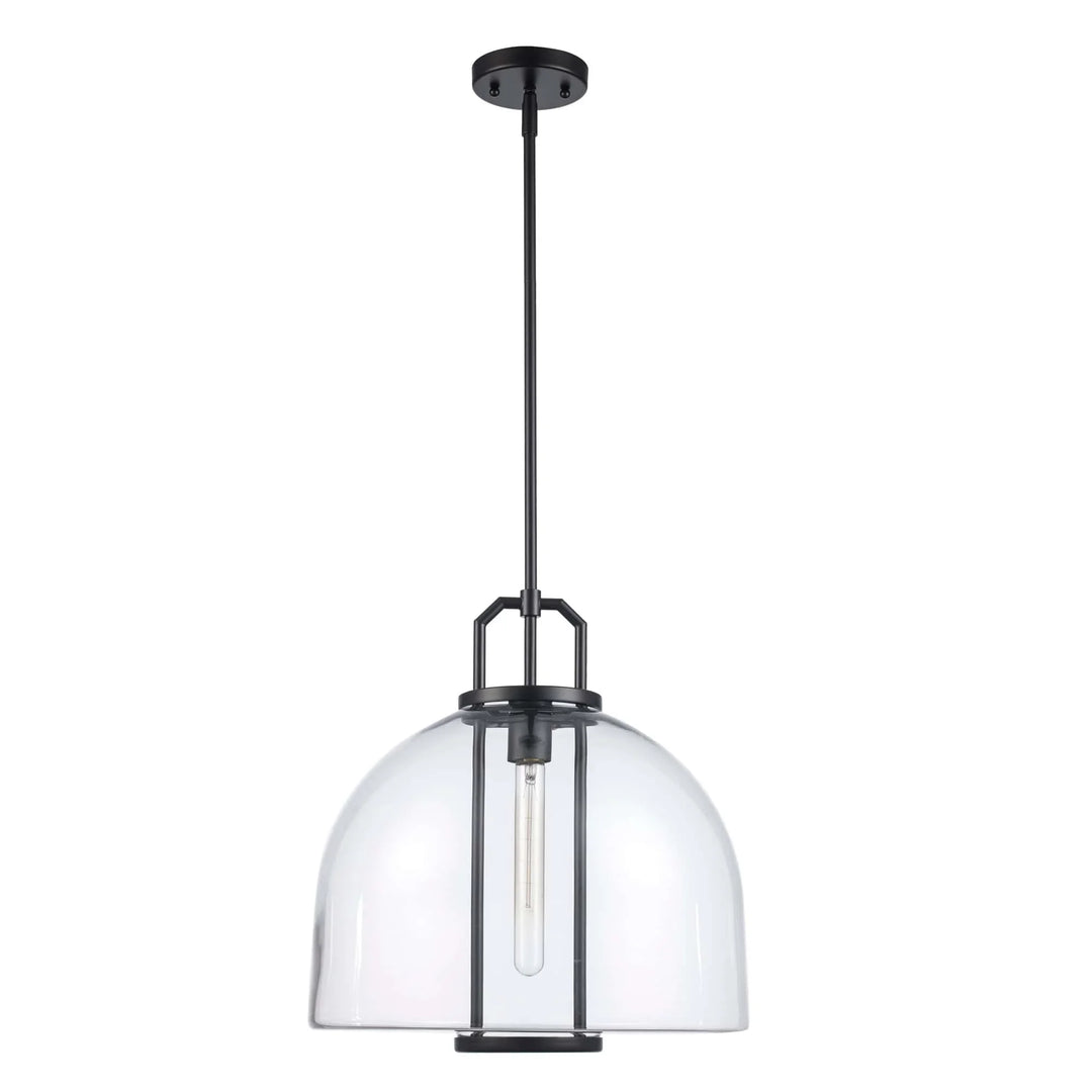 Pendant ceiling light with clear glass dome shade and black metal frame for modern kitchen or dining