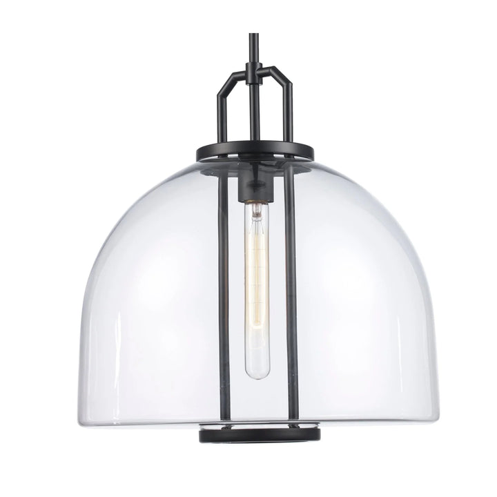 Pendant light with clear glass dome shade and black metal frame for modern indoor lighting
