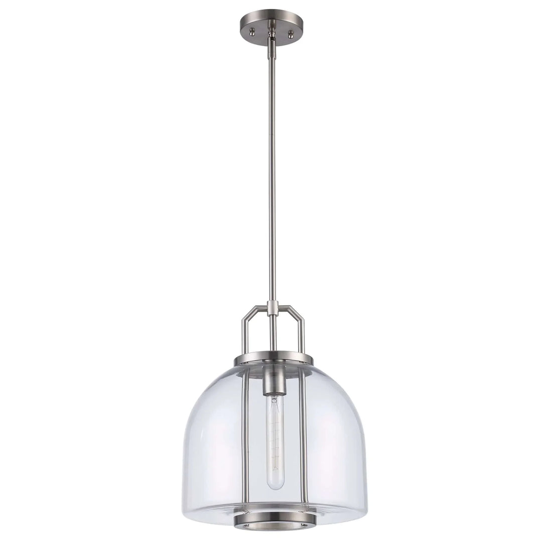 Pendant light with brushed nickel finish and clear glass shade for kitchen or dining room lighting