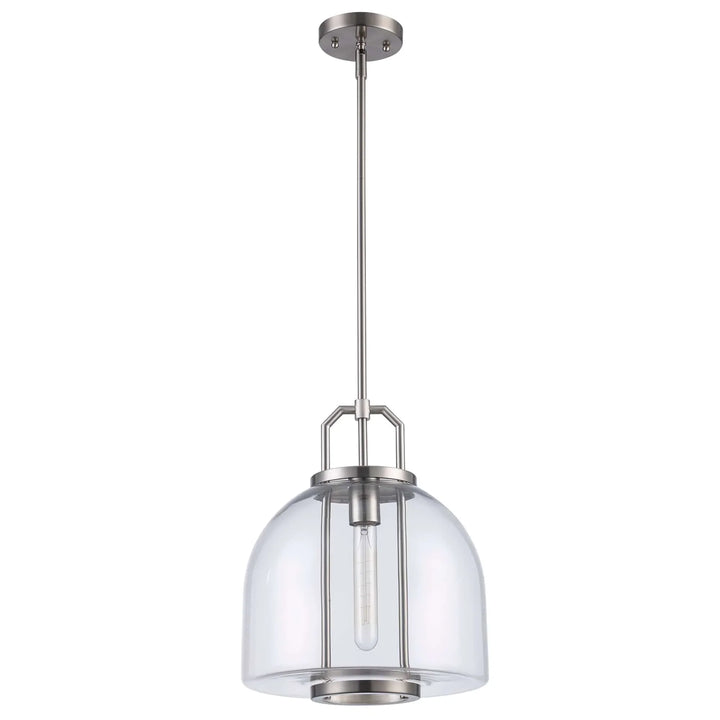 Pendant light with brushed nickel finish and clear glass shade for kitchen or dining room lighting
