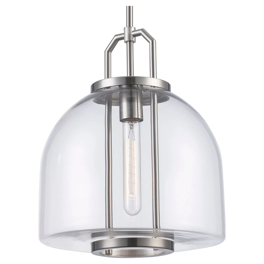 Pendant light with clear glass shade and brushed nickel finish for modern kitchen or dining lighting