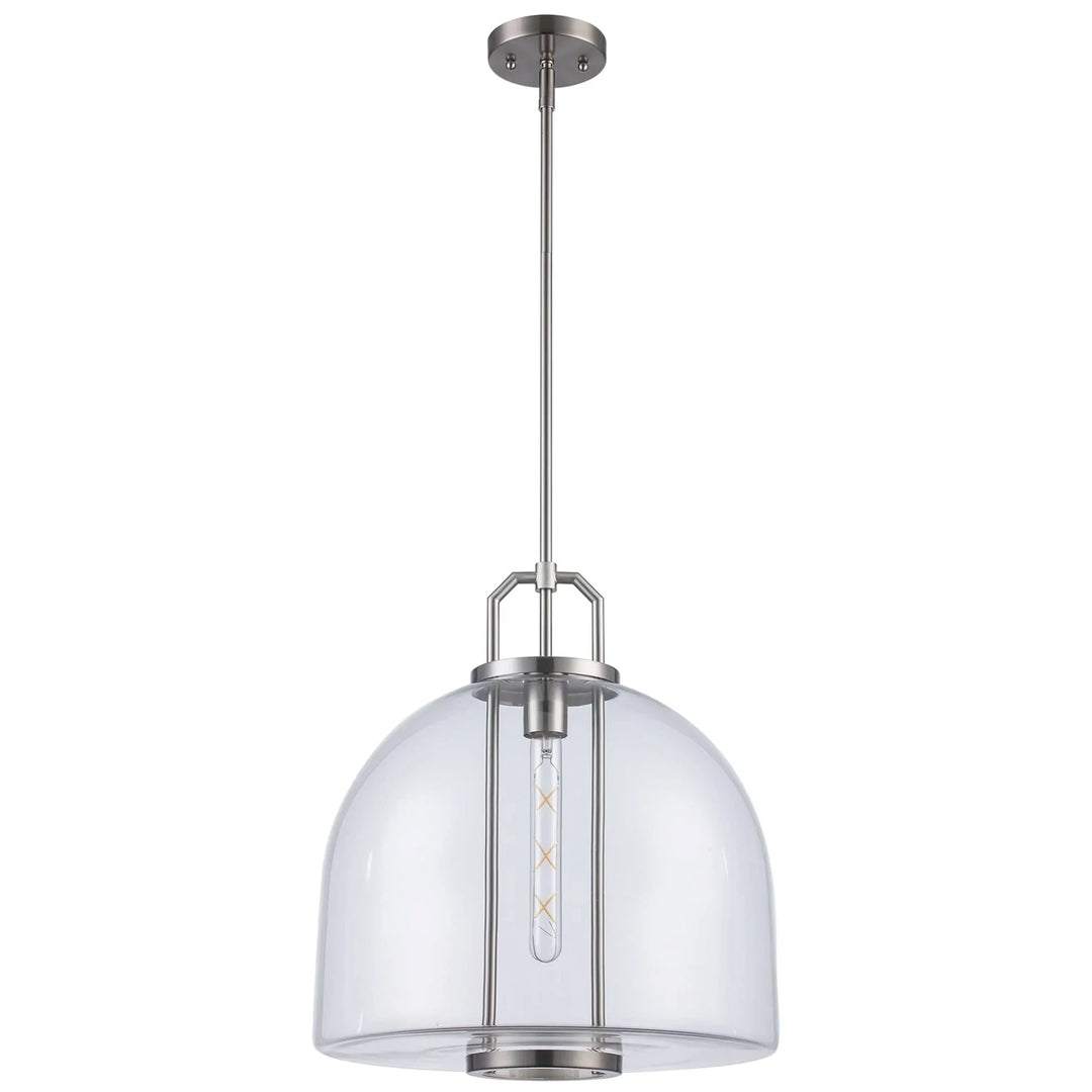 Pendant light with clear glass dome shade and brushed nickel finish for kitchen or dining room