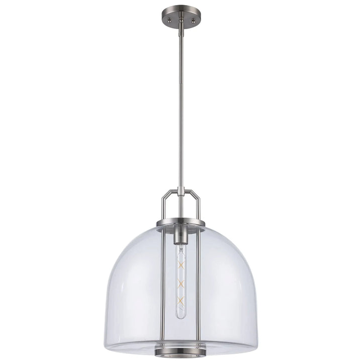 Pendant light with clear glass dome shade and brushed nickel finish for kitchen or dining room