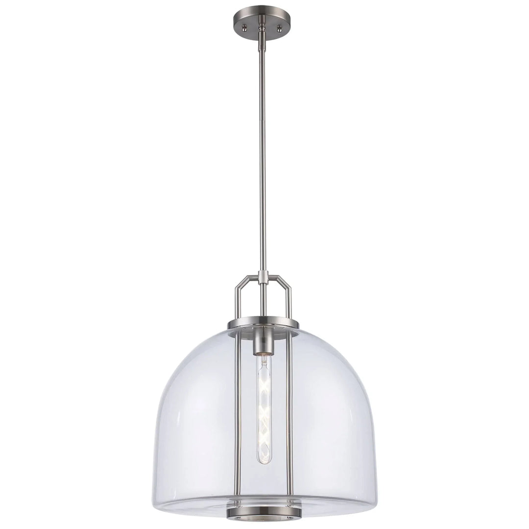 Pendant light with brushed nickel finish and clear glass shade for modern kitchen or dining lighting