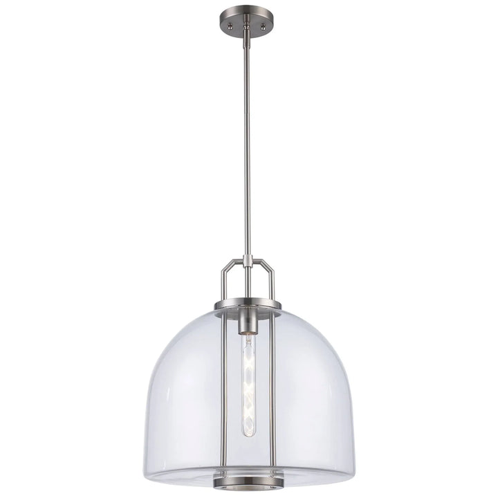 Pendant light with brushed nickel finish and clear glass shade for modern kitchen or dining lighting