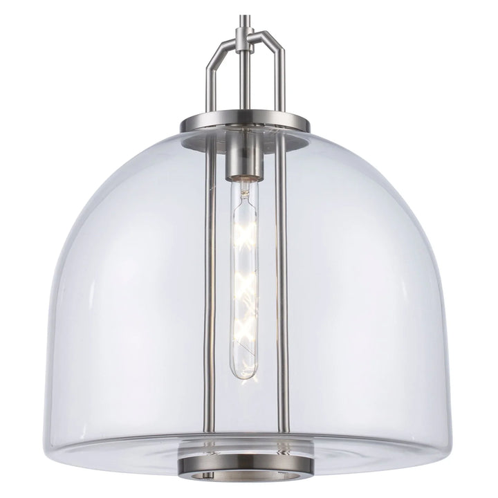 Pendant light with clear glass shade and brushed nickel finish for modern kitchen or dining rooms